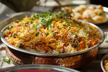 Delicious Aromatic Rice Dish with Mixed Vegetables and Spices, Savory Flavors and Fragrant Herbs,  A Culinary Delight for Food Enthusiasts,  Expertly Prepared with Traditional Techniques.