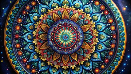 Intricate Circular Design Featuring Vibrant Hues and Ornate Floral Patterns, Exhibiting a Symphony of Colors and Shapes Against a Dark Background
