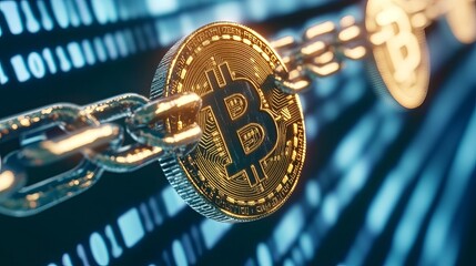 Close up of a bitcoin coin attached to a chain with a binary code background in blue tones
