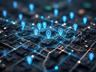 Digital ai map shows gps pins innovating delivery services and future transport logistics.