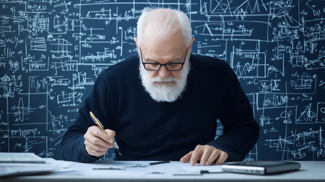 focused elderly man with white beard is working on complex calculations at desk, surrounded by mathematical equations on chalkboard - Powered by Adobe