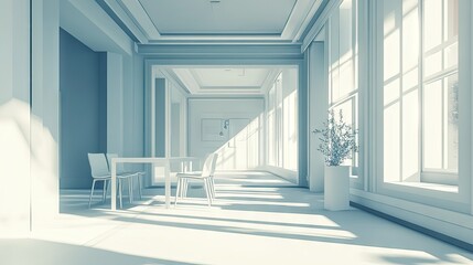 Fototapeta premium A modern interior room with table chairs and natural light beams