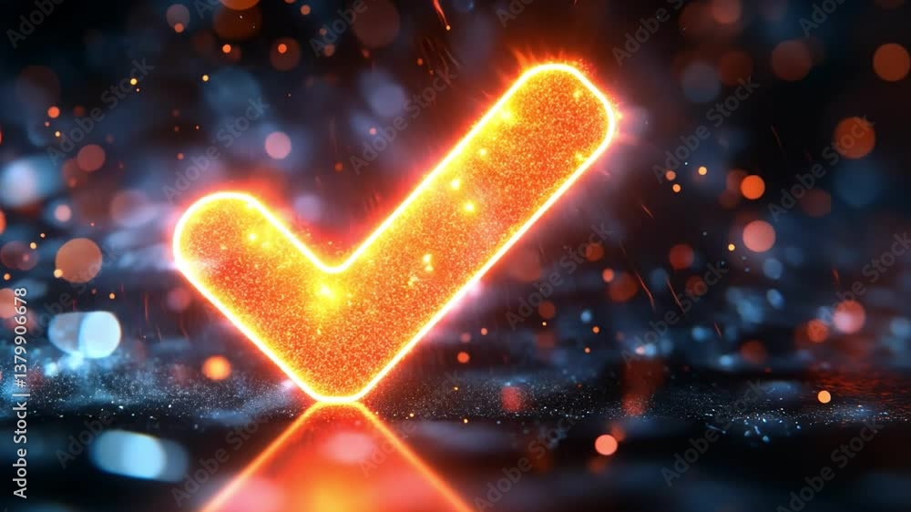 Poster glowing check mark symbol with sparkling effects, representing digital approval and success in vibra