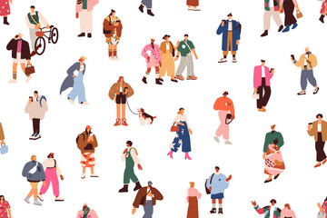Modern people crowd, seamless pattern. Fashion style characters walking on street, city lifestyle, endless background design, repeating print with tiny men, women outdoors. Flat vector illustration
