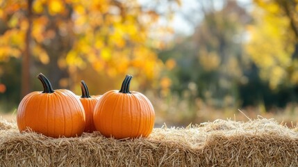 Three vibrant orange pumpkins rest on a haystack, surrounded by soft hay and warm autumn foliage, illuminated by bright sunlight on a clear day