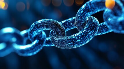 A close up view of a blue digitally rendered chain with a dark and blurred background