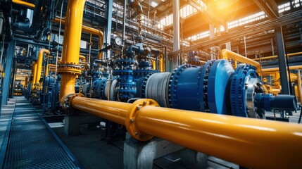 An industrial space is filled with bright yellow pipes connecting large blue pumps