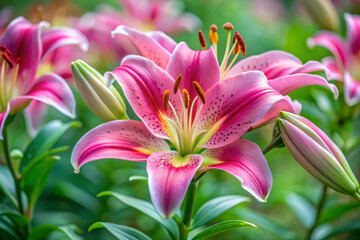 A lily with thin, feather-like petals in bright pink and soft green hues