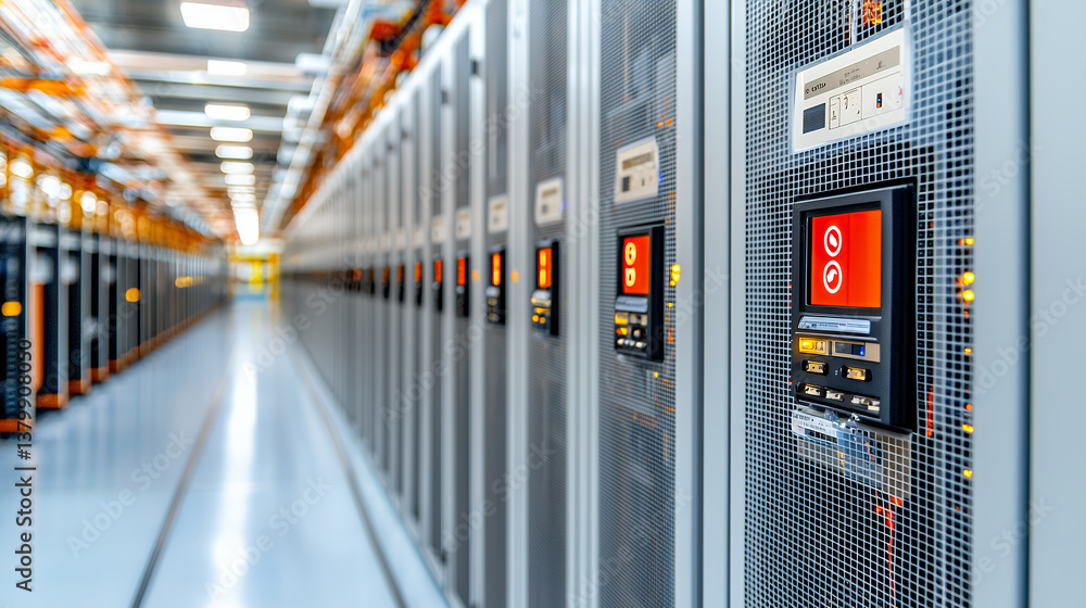 Poster high tech data center with rows of server racks, featuring illuminated control panels and clean, org