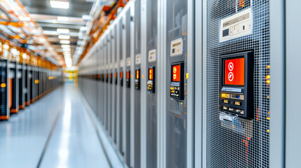 High tech data center with rows of server racks, featuring illuminated control panels and clean, organized environment