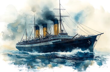 Obraz premium Majestic Cruise Ship at Sea: A Watercolor Painting of Ocean Liner Journey