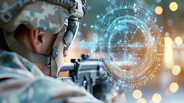 soldier in tactical gear aims weapon, with digital overlay of technology and data visualization, symbolizing modern warfare - Powered by Adobe