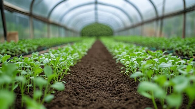 Seedlings thrive in rich soil within a spacious greenhouse. Soft light illuminates the plants, showcasing vibrant greens against earthy tones. Care and nurturing are apparent in this tranquil setting
