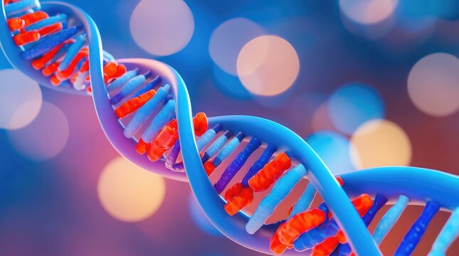 DNA helix in a vibrant blue, scientific illustration. Detailed 3D model of a DNA strand against a bokeh background