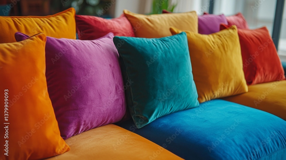 Poster soft cushions in various bright hues rest comfortably on a stylish sofa, creating an inviting atmosp