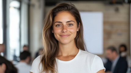 Confident female entrepreneur smiling in modern workspace, showcasing her leadership skills