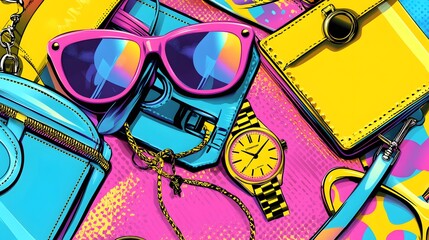 Stylish Pop Art Accessories Flat Lay with Sunglasses and Watch