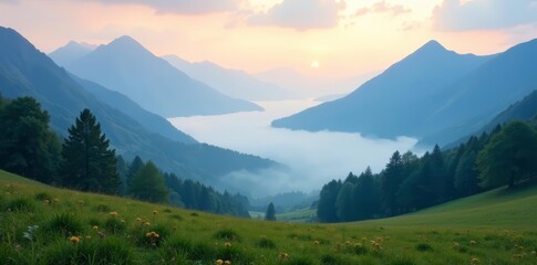 Dreamy landscape of foggy valley surrounded by mountains, foggy, Himalayas, dreamy