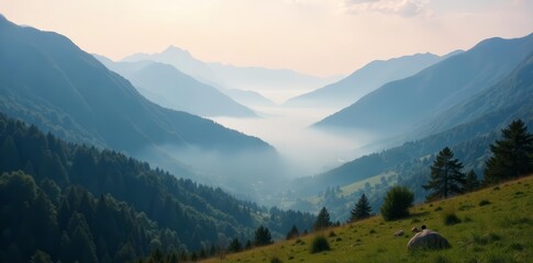 Obraz premium Dreamy landscape of foggy valley surrounded by mountains, valley, mountains