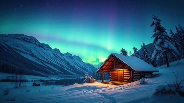  Snowy Cabin Under Vibrant Northern Lights in Winter Mountains
