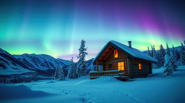  Snowy Cabin Under Vibrant Northern Lights in Winter Mountains
