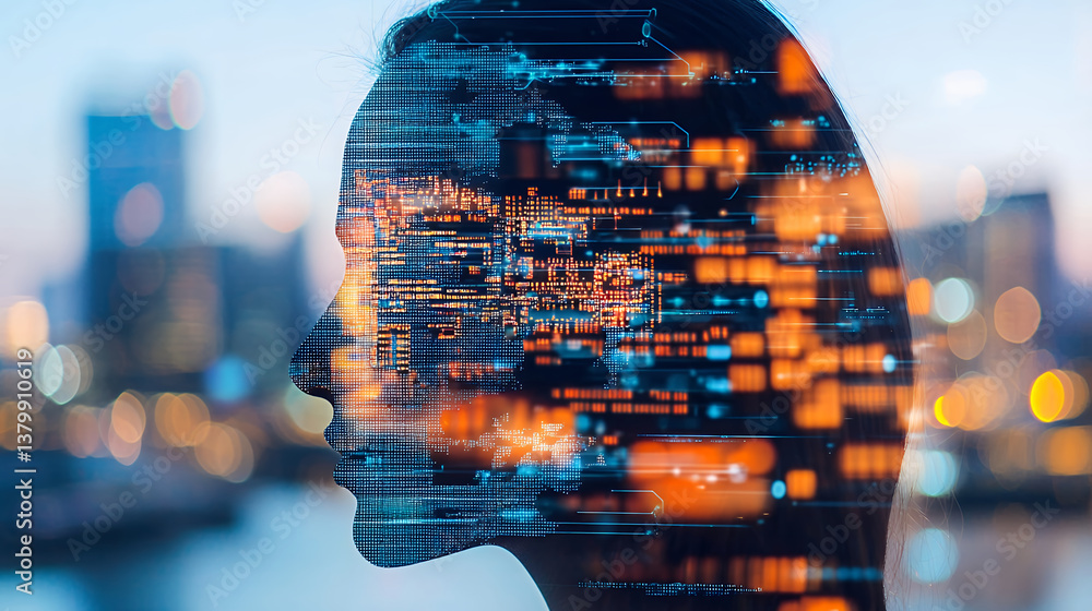Poster image features digital overlay of data and technology elements silhouette of person, symbolizing int