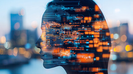 image features digital overlay of data and technology elements silhouette of person, symbolizing intersection of human intelligence and