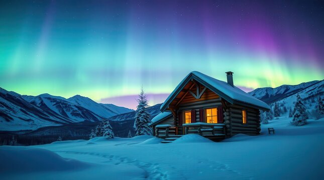  Snowy Cabin Under Vibrant Northern Lights in Winter Mountains
