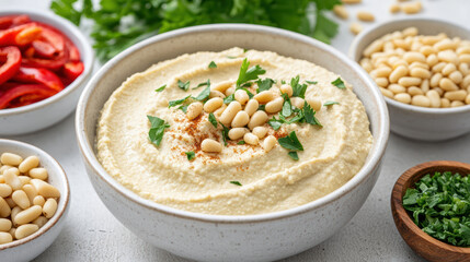 Creamy hummus topped with pine nuts and herbs, surrounded by fresh vegetables