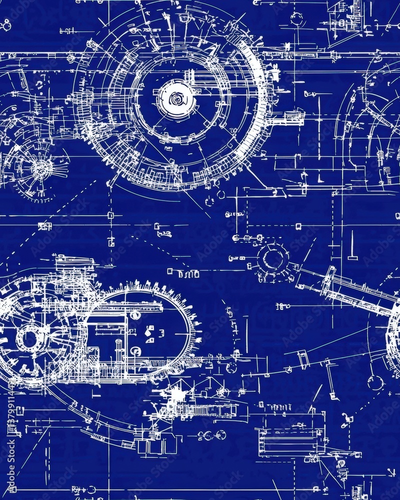 Poster comprehensive blueprint drawing of a mechanical device showcasing intricate parts and assembly