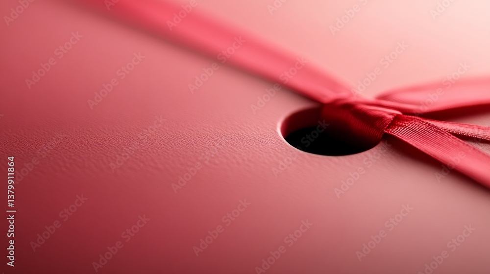 Poster a small gift box in matte red paper features a shiny red ribbon, set against a soft pastel pink back