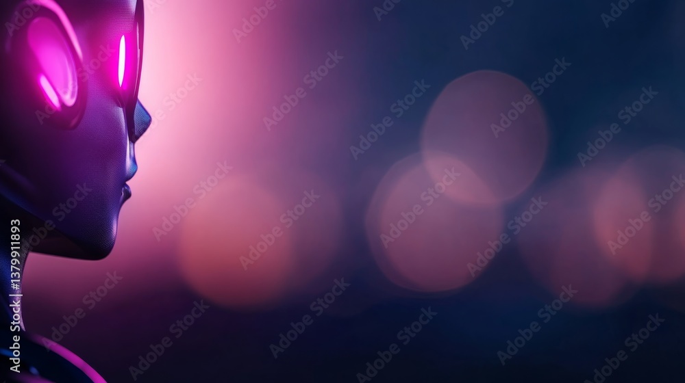 Poster close-up view of a female robot showcasing metallic features and glowing purple accents against a da