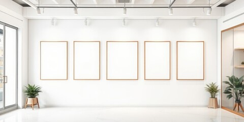Modern Minimalist Gallery Space with Five Blank Frames and Plants