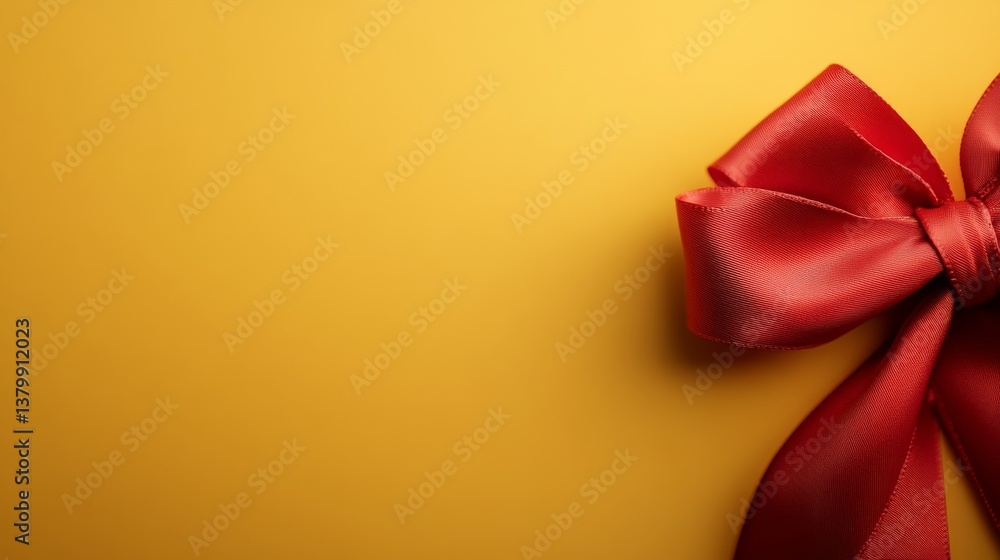 Poster Close-up view of a vibrant red satin bow featuring smooth loops set against a clean pastel yellow backdrop offering ample copy space for text