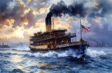 Historic American Steamboat on Rough Waters with American Flag, Watercolor Style