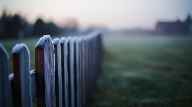 A close-up view of a wooden picket gate adorned with frost, set against a misty morning field that evokes a calm and rustic winter atmosphere