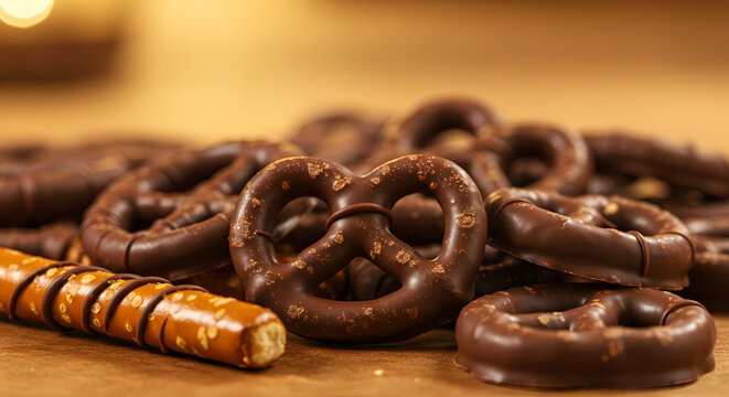 A close up of chocolate covered pretzels and a pretzel rod on a wooden surface in soft lighting