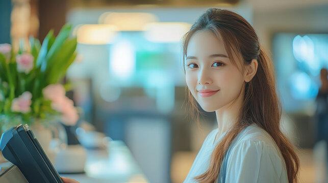 Young Asian woman smiling at hotel front desk during check-in, representing customer service,