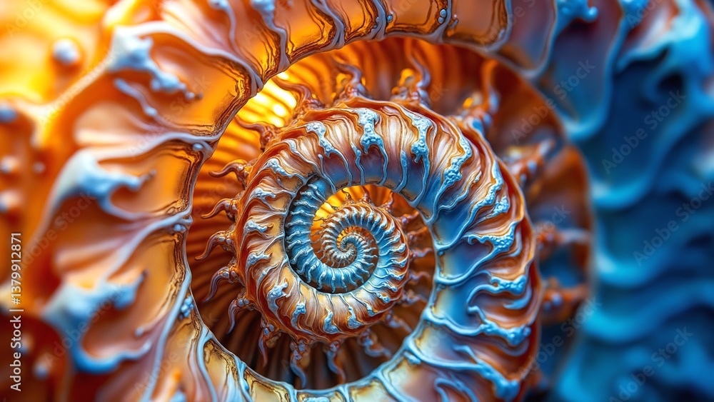 Poster Beautiful and Intricate Close-up of a Colorful Nautilus Shell with Spiraling Patterns and Soft Light Effects Captivating Nature Inspiration