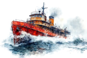 Watercolor Illustration of Vintage Tugboat Navigating Rough Seas with Smoky Chimney.