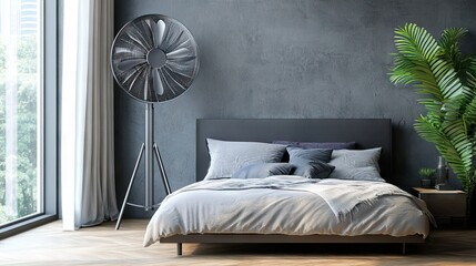 A wall-mounted fan providing cool air in a minimalist bedroom.