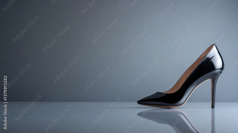 Poster Black leather high heel with a pointed toe and stiletto heel displayed on a reflective glass surface, illuminated against a soft gray background with ample space
