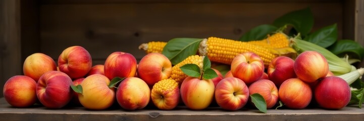 Rustic wooden stand overflowing with ripe peaches and corn , delicious, country, nutrition