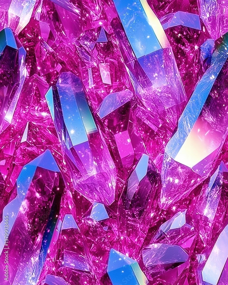 Poster vibrant purple background with an array of colorful glass pieces reflecting light in various angles