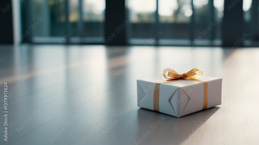 Poster a single white gift box tied with a thin golden ribbon rests on a light wooden surface, surrounded b