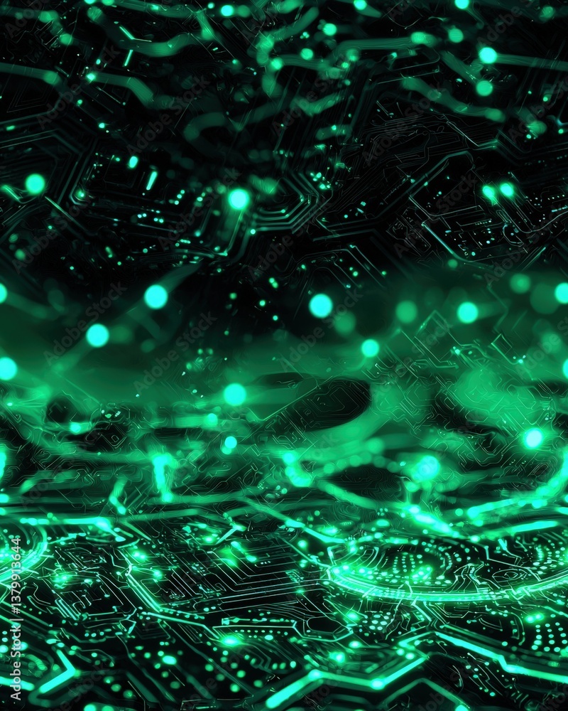Poster intricate circuit board design illuminated with green lights creating a futuristic and technological