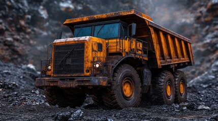 Fototapeta premium A large industrial dump truck sits on a pile of material