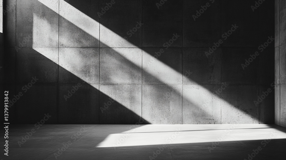 Poster a stark concrete room illuminated by a diagonal beam of sunlight creating a dramatic shadow pattern