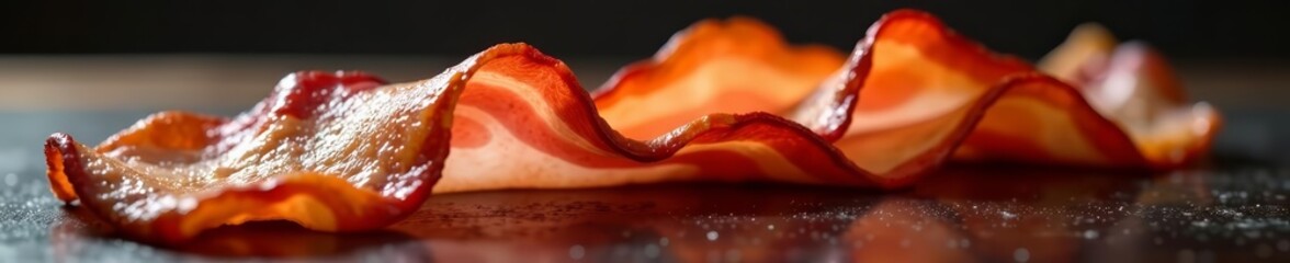 Savory strip of bacon resting on see-through surface, crispy, grease