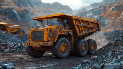 A large yellow mining truck navigating rough terrain in a quarry setting